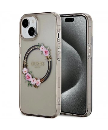 Guess IML Flowers Wreath MagSafe case for iPhone 15 / 14 / 13 - black