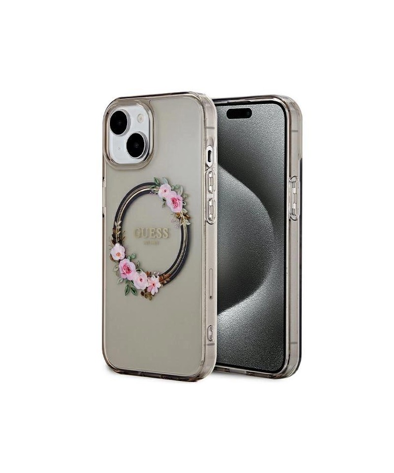 Guess IML Flowers Wreath MagSafe case for iPhone 15 / 14 / 13 - black
