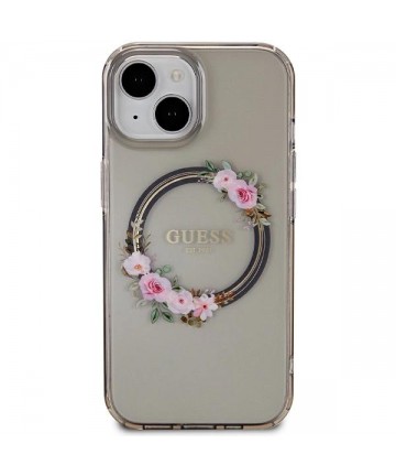 Guess IML Flowers Wreath MagSafe case for iPhone 15 / 14 / 13 - black