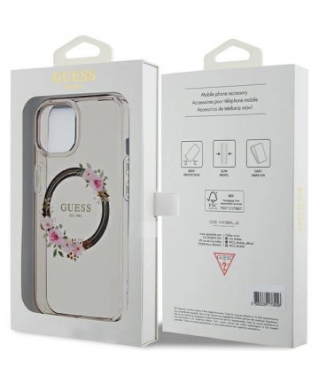 Guess IML Flowers Wreath MagSafe case for iPhone 15 / 14 / 13 - black
