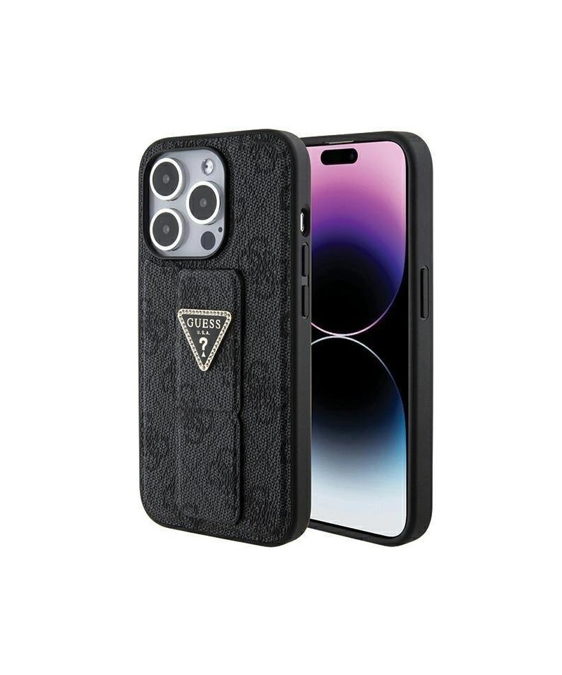 Guess Grip Stand 4G Triangle Strass case for iPhone 15 Pro - black