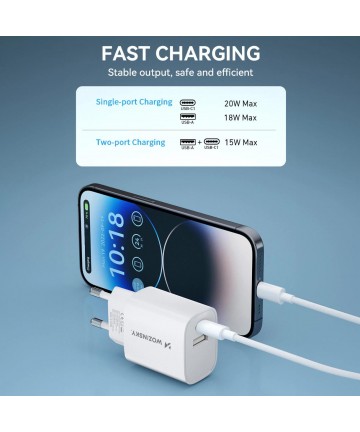 Wozinsky WGWCW USB-A USB-C 20W Wall Charger - White