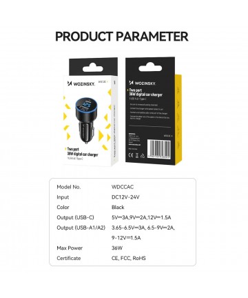Wozinsky WDCCAC USB-C USB-A 36W Car Charger - Black