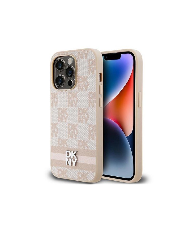DKNY Leather Checkered Mono Pattern & Printed Stripes case for iPhone 14 Pro - pink