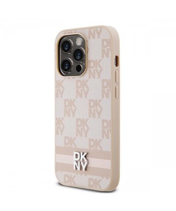 DKNY Leather Checkered Mono Pattern & Printed Stripes case for iPhone 14 Pro - pink