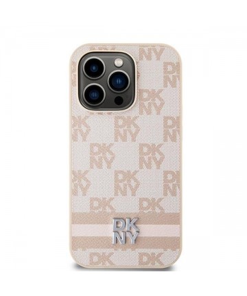 DKNY Leather Checkered Mono Pattern & Printed Stripes case for iPhone 14 Pro - pink