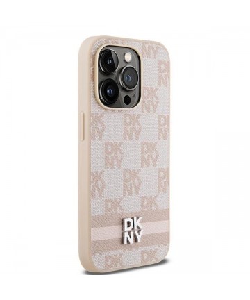 DKNY Leather Checkered Mono Pattern & Printed Stripes case for iPhone 14 Pro - pink