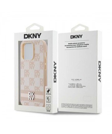 DKNY Leather Checkered Mono Pattern & Printed Stripes case for iPhone 14 Pro - pink