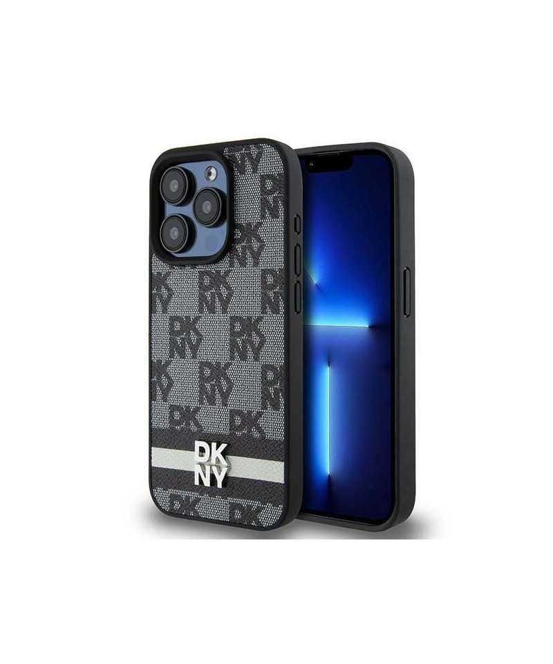DKNY Leather Checkered Mono Pattern & Printed Stripes iPhone 15 Pro Case - Black