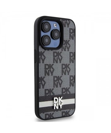 DKNY Leather Checkered Mono Pattern & Printed Stripes iPhone 15 Pro Case - Black