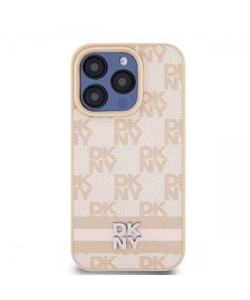 DKNY Leather Checkered Mono Pattern & Printed Stripes case for iPhone 15 Pro - pink