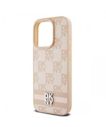 DKNY Leather Checkered Mono Pattern & Printed Stripes case for iPhone 15 Pro - pink