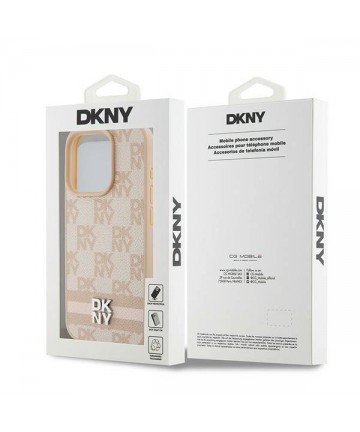 DKNY Leather Checkered Mono Pattern & Printed Stripes case for iPhone 15 Pro - pink