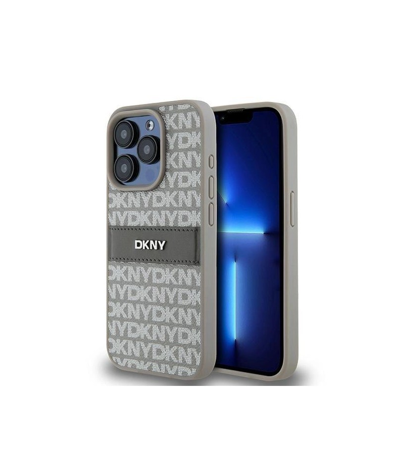 DKNY Leather Mono Stripe & Metal Logo case for iPhone 15 Pro - beige