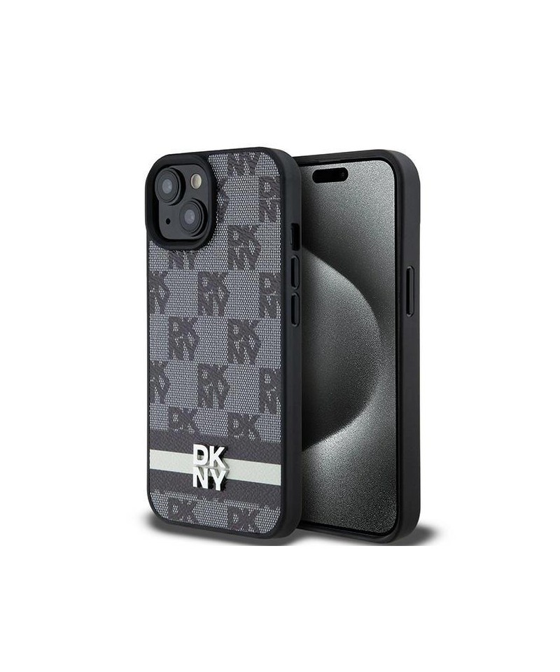 DKNY Leather Checkered Mono Pattern & Printed Stripes Case for iPhone 15/14/13 - Black