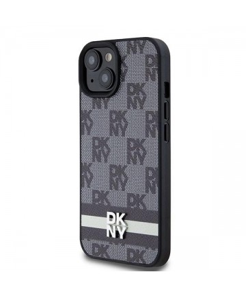 DKNY Leather Checkered Mono Pattern & Printed Stripes Case for iPhone 15/14/13 - Black
