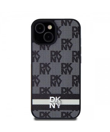 DKNY Leather Checkered Mono Pattern & Printed Stripes Case for iPhone 15/14/13 - Black