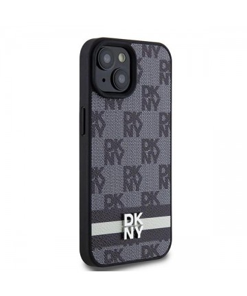 DKNY Leather Checkered Mono Pattern & Printed Stripes Case for iPhone 15/14/13 - Black