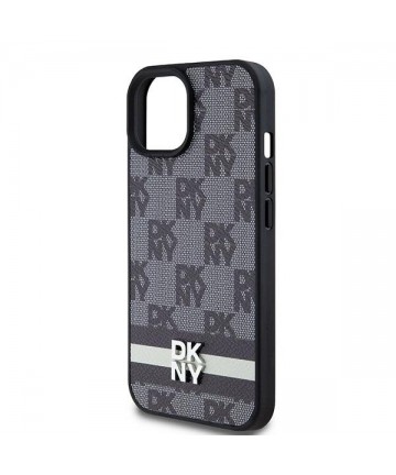 DKNY Leather Checkered Mono Pattern & Printed Stripes Case for iPhone 15/14/13 - Black