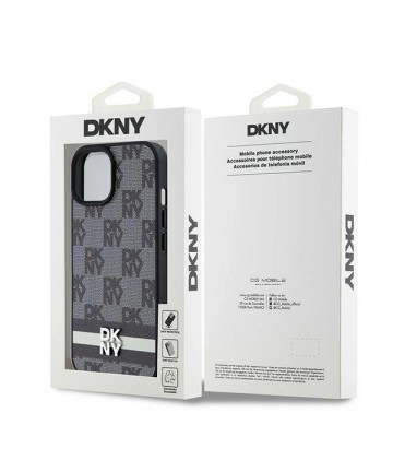 DKNY Leather Checkered Mono Pattern & Printed Stripes Case for iPhone 15/14/13 - Black
