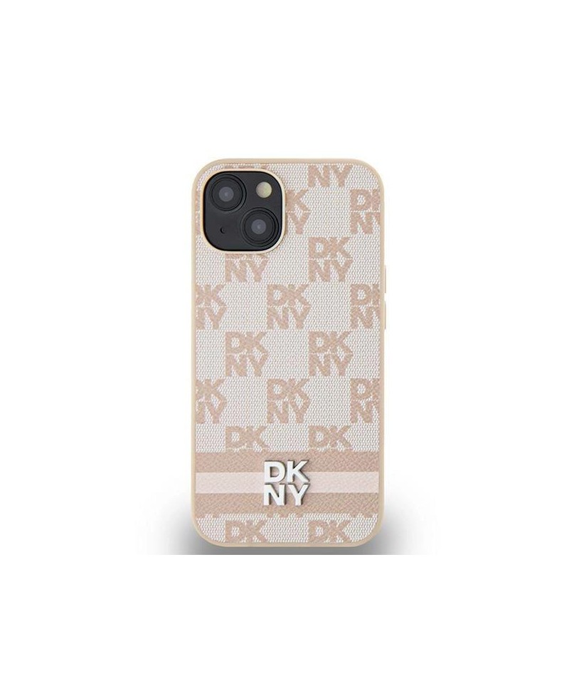 DKNY Leather Checkered Mono Pattern & Printed Stripes case for iPhone 15 / 14 / 13 - pink