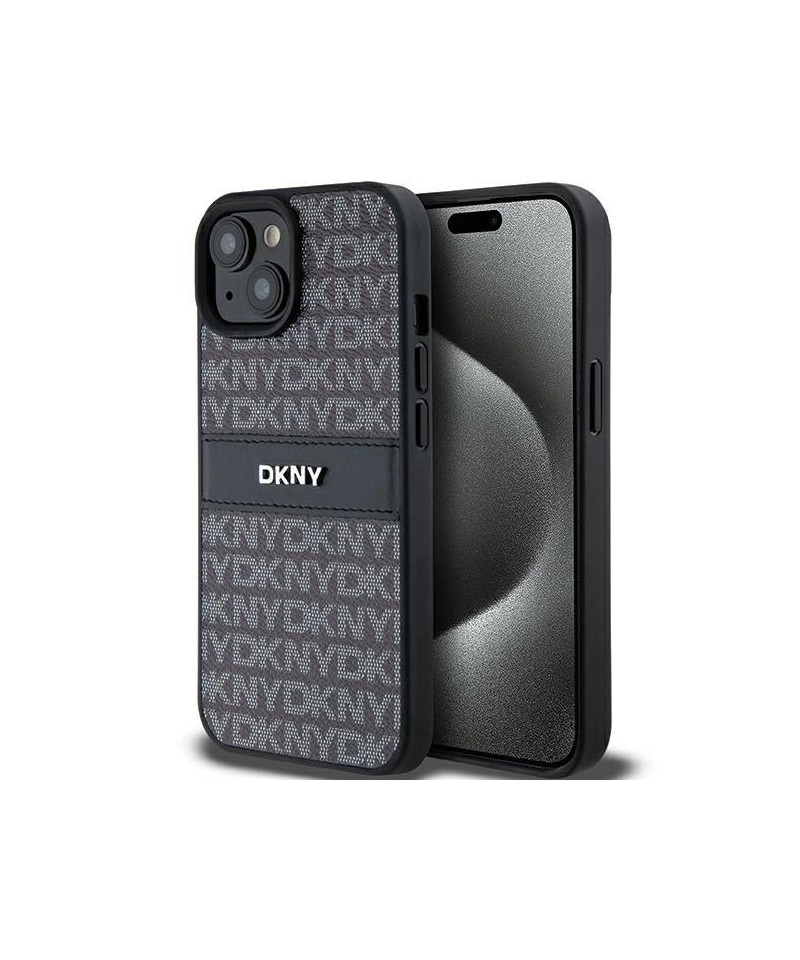 DKNY Leather Mono Stripe & Metal Logo Case for iPhone 15/14/13 - Black