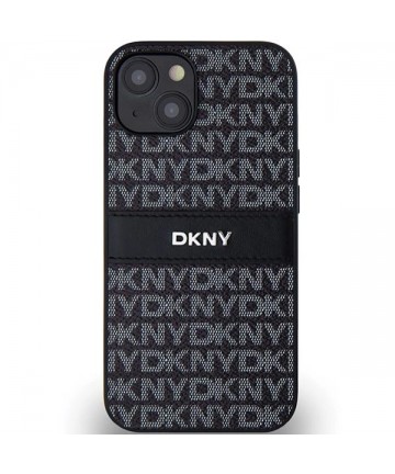 DKNY Leather Mono Stripe & Metal Logo Case for iPhone 15/14/13 - Black