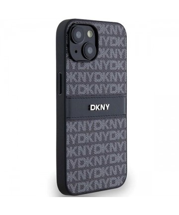 DKNY Leather Mono Stripe & Metal Logo Case for iPhone 15/14/13 - Black