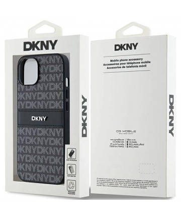 DKNY Leather Mono Stripe & Metal Logo Case for iPhone 15/14/13 - Black
