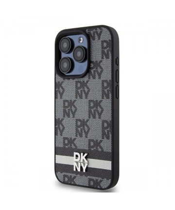 DKNY Leather Checkered Mono Pattern & Printed Stripes Case for iPhone 15 Pro Max - Black
