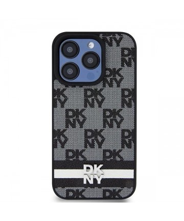 DKNY Leather Checkered Mono Pattern & Printed Stripes Case for iPhone 15 Pro Max - Black