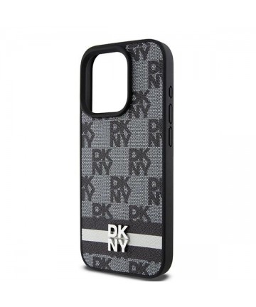 DKNY Leather Checkered Mono Pattern & Printed Stripes Case for iPhone 15 Pro Max - Black