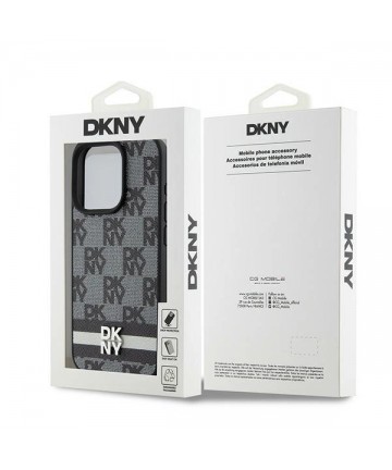 DKNY Leather Checkered Mono Pattern & Printed Stripes Case for iPhone 15 Pro Max - Black