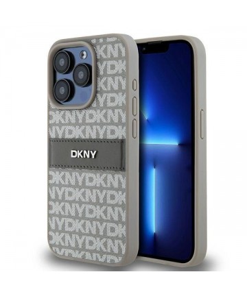DKNY Leather Mono Stripe & Metal Logo case for iPhone 15 Pro Max - beige