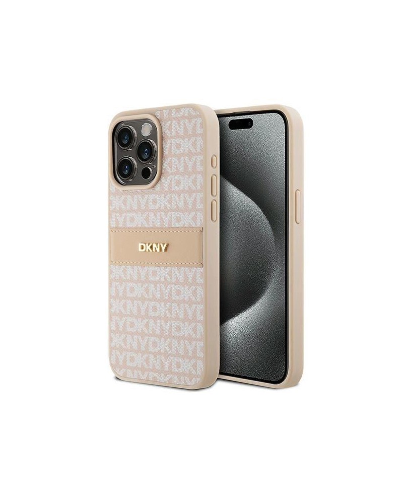 DKNY Leather Mono Stripe & Metal Logo case for iPhone 15 Pro Max - pink