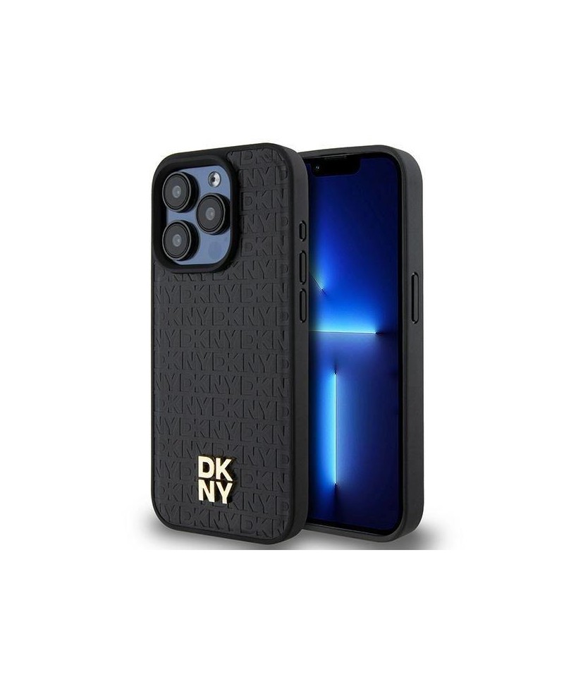 DKNY Leather Monogram Pattern Metal Logo MagSafe Case for iPhone 15 Pro - Black