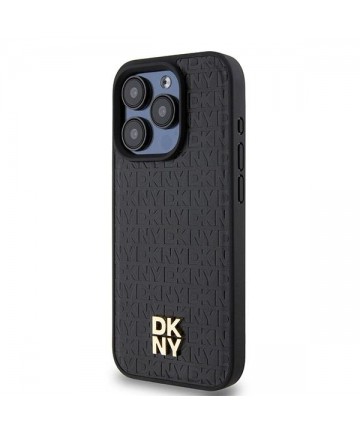 DKNY Leather Monogram Pattern Metal Logo MagSafe Case for iPhone 15 Pro - Black
