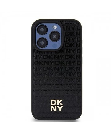 DKNY Leather Monogram Pattern Metal Logo MagSafe Case for iPhone 15 Pro - Black