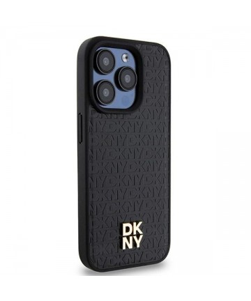 DKNY Leather Monogram Pattern Metal Logo MagSafe Case for iPhone 15 Pro - Black