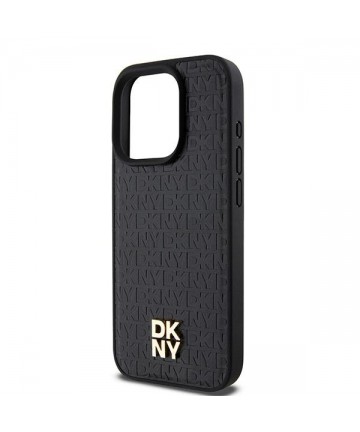 DKNY Leather Monogram Pattern Metal Logo MagSafe Case for iPhone 15 Pro - Black