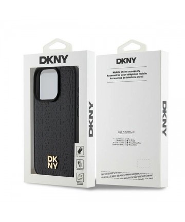 DKNY Leather Monogram Pattern Metal Logo MagSafe Case for iPhone 15 Pro - Black