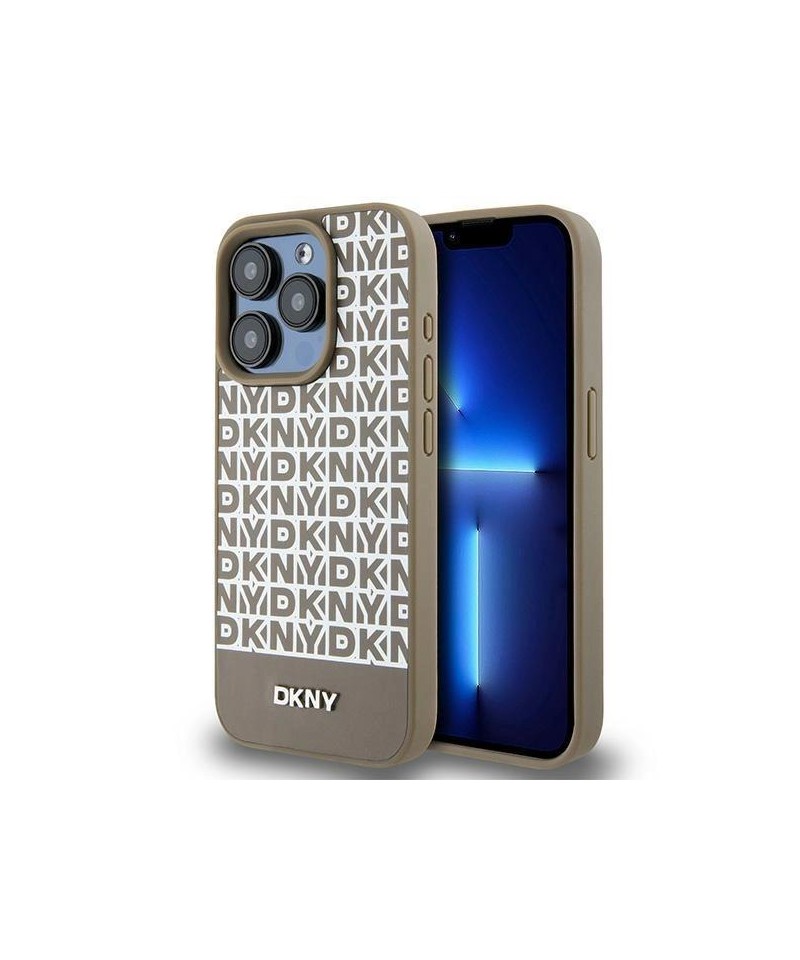 DKNY Leather Printed Pattern Metal Logo MagSafe Case for iPhone 15 Pro - Brown