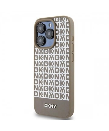 DKNY Leather Printed Pattern Metal Logo MagSafe Case for iPhone 15 Pro - Brown