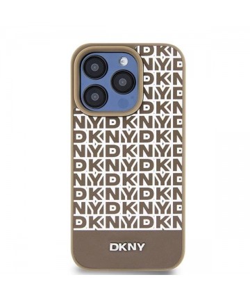 DKNY Leather Printed Pattern Metal Logo MagSafe Case for iPhone 15 Pro - Brown
