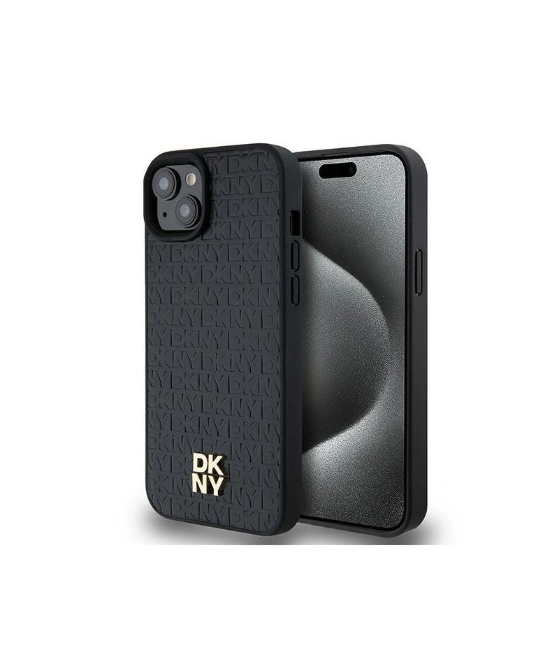 DKNY Leather Pattern Metal Logo MagSafe Case for iPhone 15/14/13 - Black