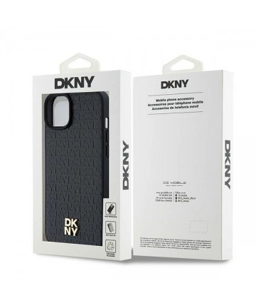 DKNY Leather Pattern Metal Logo MagSafe Case for iPhone 15/14/13 - Black