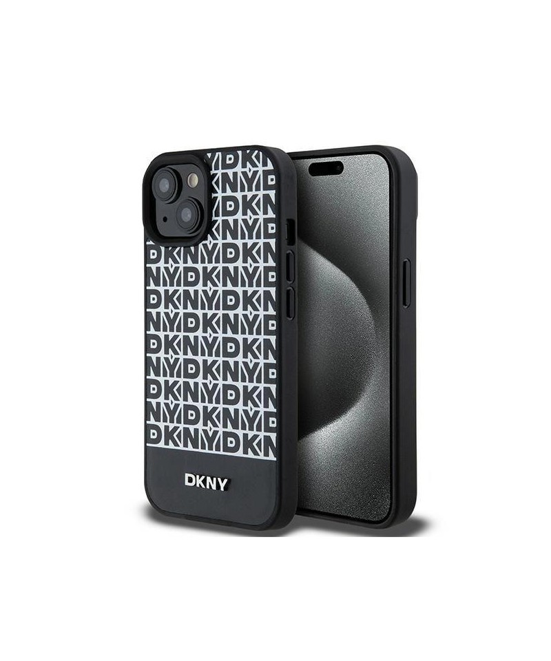 DKNY Leather Printed Pattern Metal Logo MagSafe Case for iPhone 15/14/13 - Black