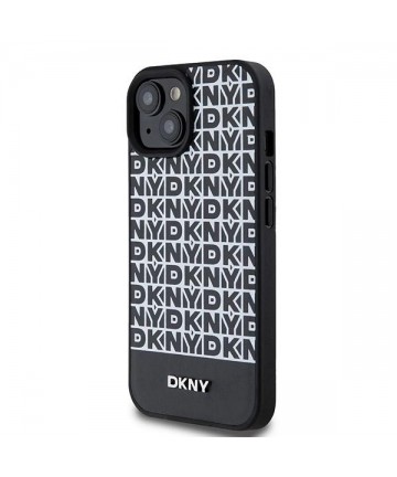 DKNY Leather Printed Pattern Metal Logo MagSafe Case for iPhone 15/14/13 - Black