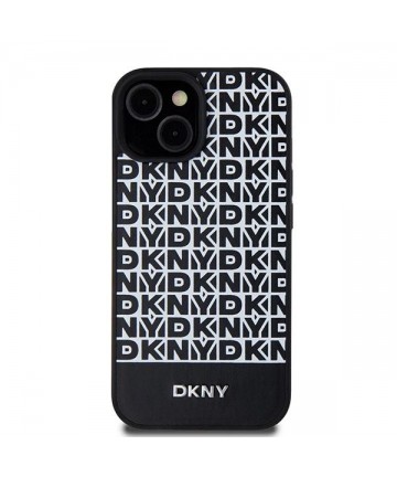 DKNY Leather Printed Pattern Metal Logo MagSafe Case for iPhone 15/14/13 - Black