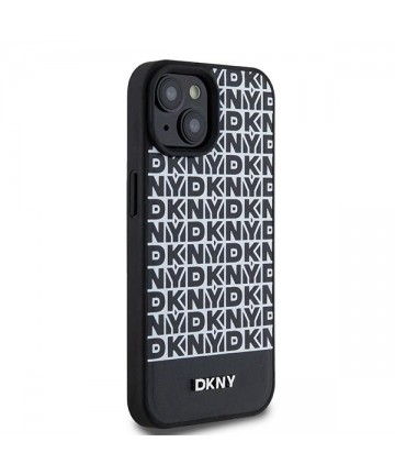 DKNY Leather Printed Pattern Metal Logo MagSafe Case for iPhone 15/14/13 - Black